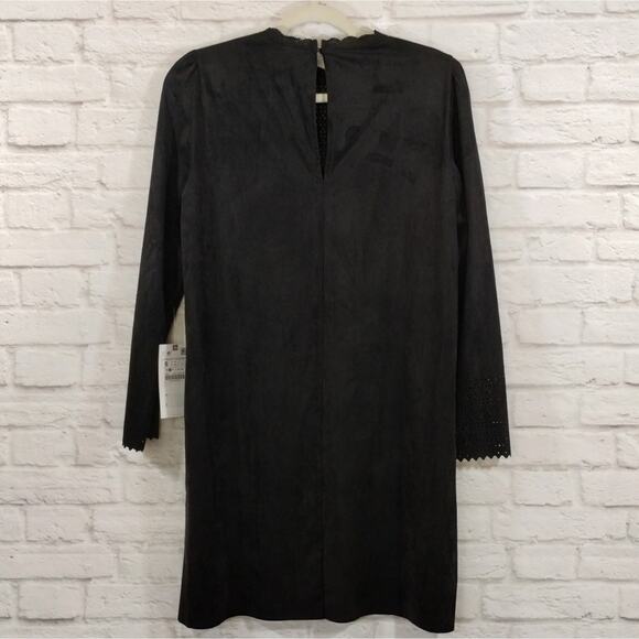 O Zara Womens Black Faux Suede Laser Cute Long Sleeve Mini Dress NWT Size S - Picture 11 of 13